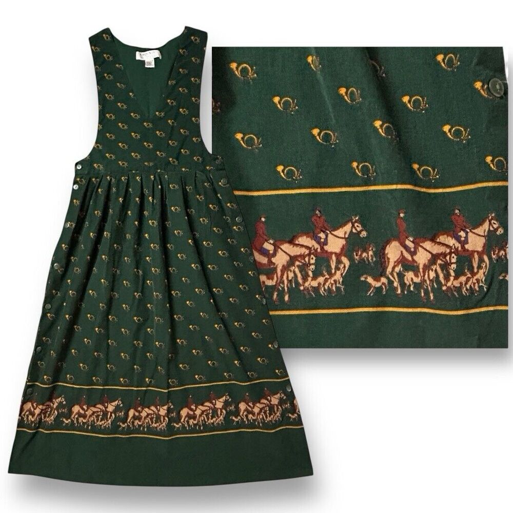 Vtg Corduroy Jumper Dress Womens Sz 10 Green Horses Equestrian French Horns Hunt